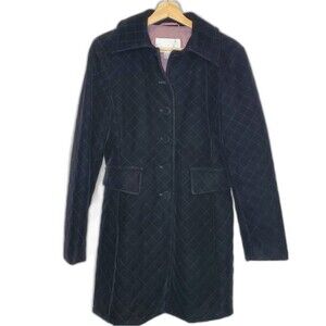 Nine West Black Quilted Velvet Button Up Long Coat Size Small